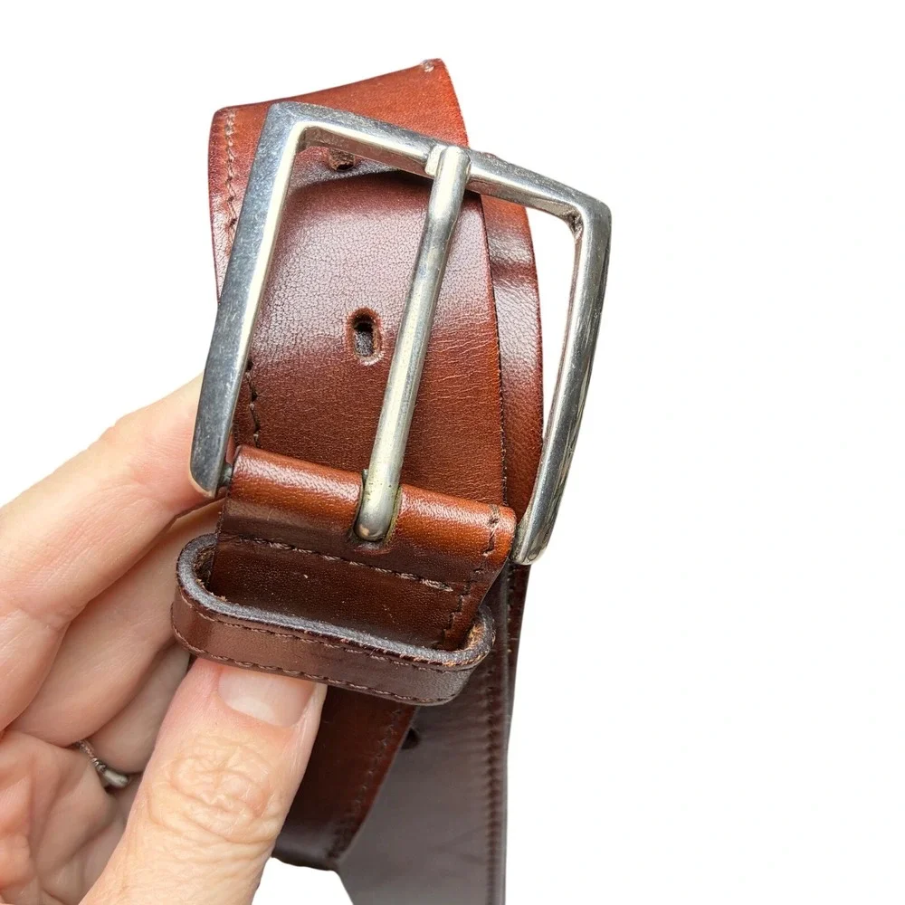 Harold Powell Brown Leather Belt Mens 38 Silver Buckle Classic Wide